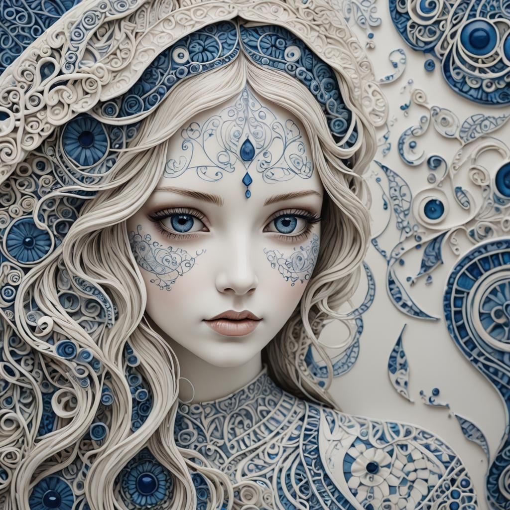 Zentangle Patterned Porcelain Woman with Blue Eyes