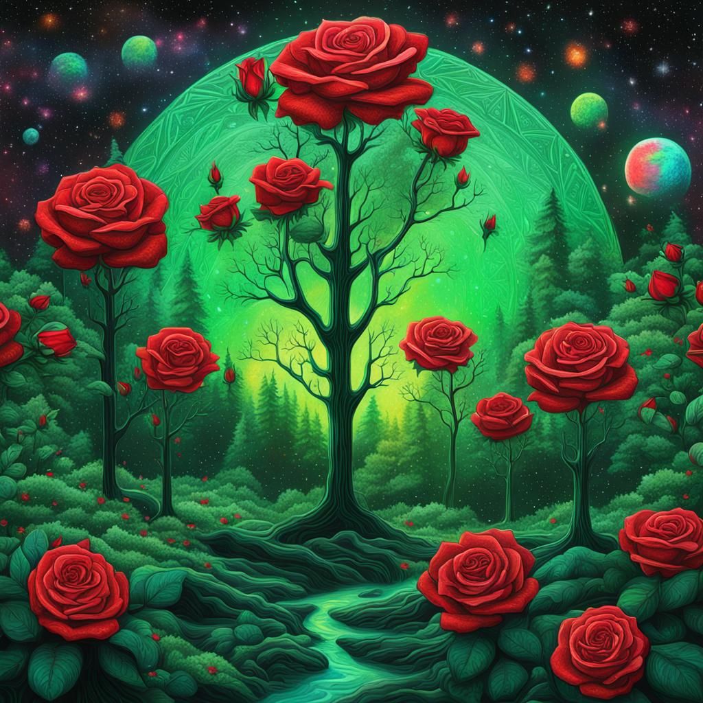 Green Trees and Red Roses in Astral Style
