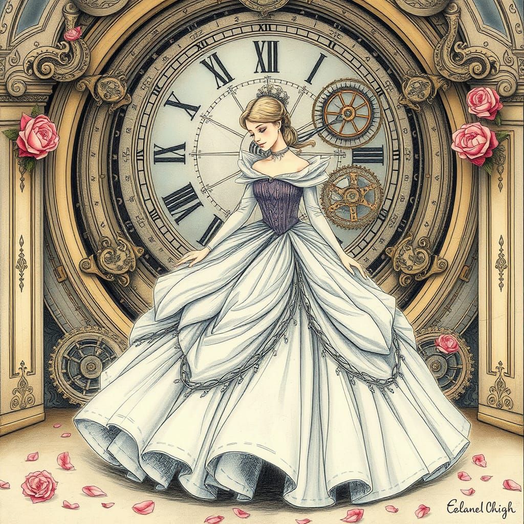 Regal Cinderella in Enchanting Clockwork Ballroom