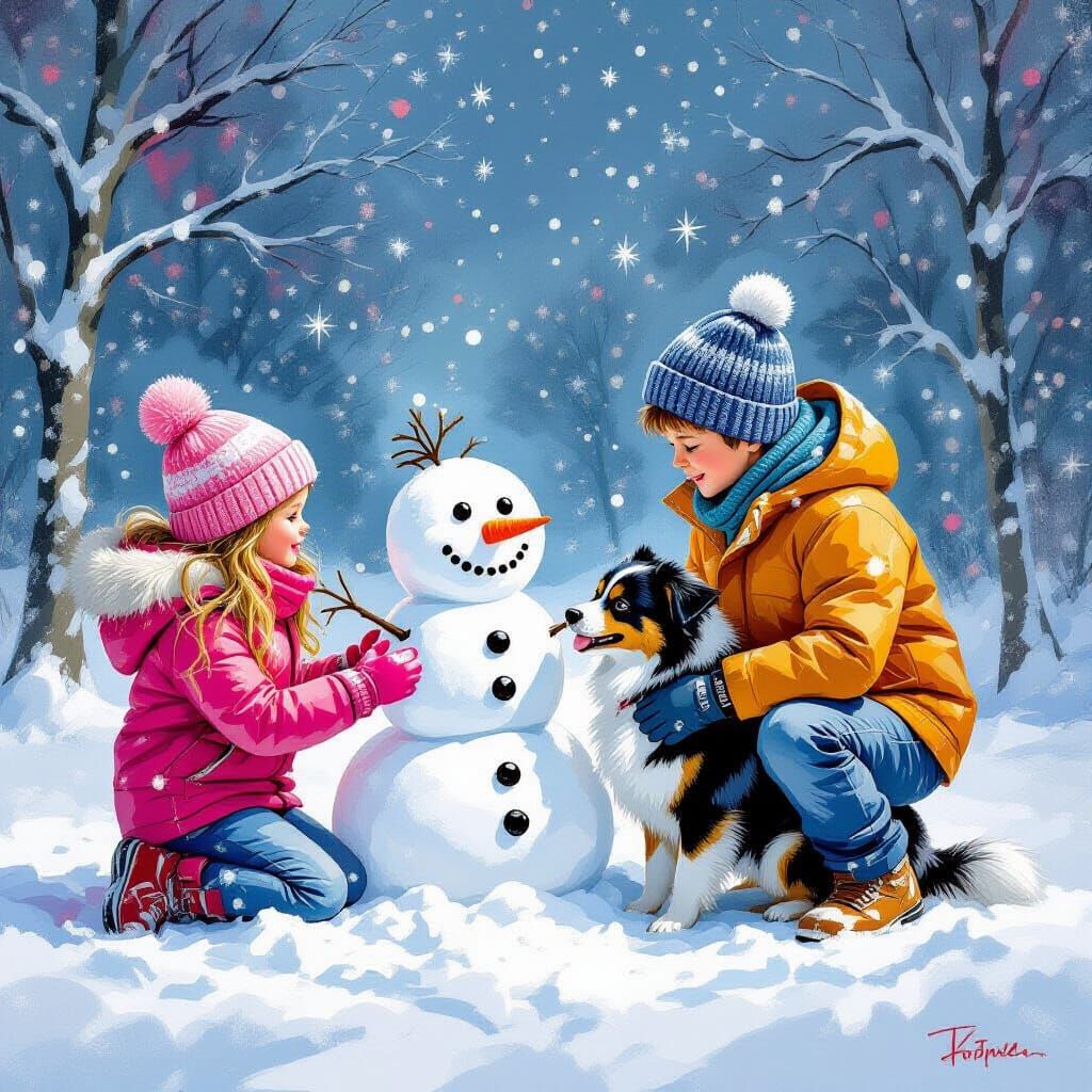 Children Build Snowman with Dog in Winter Wonderland