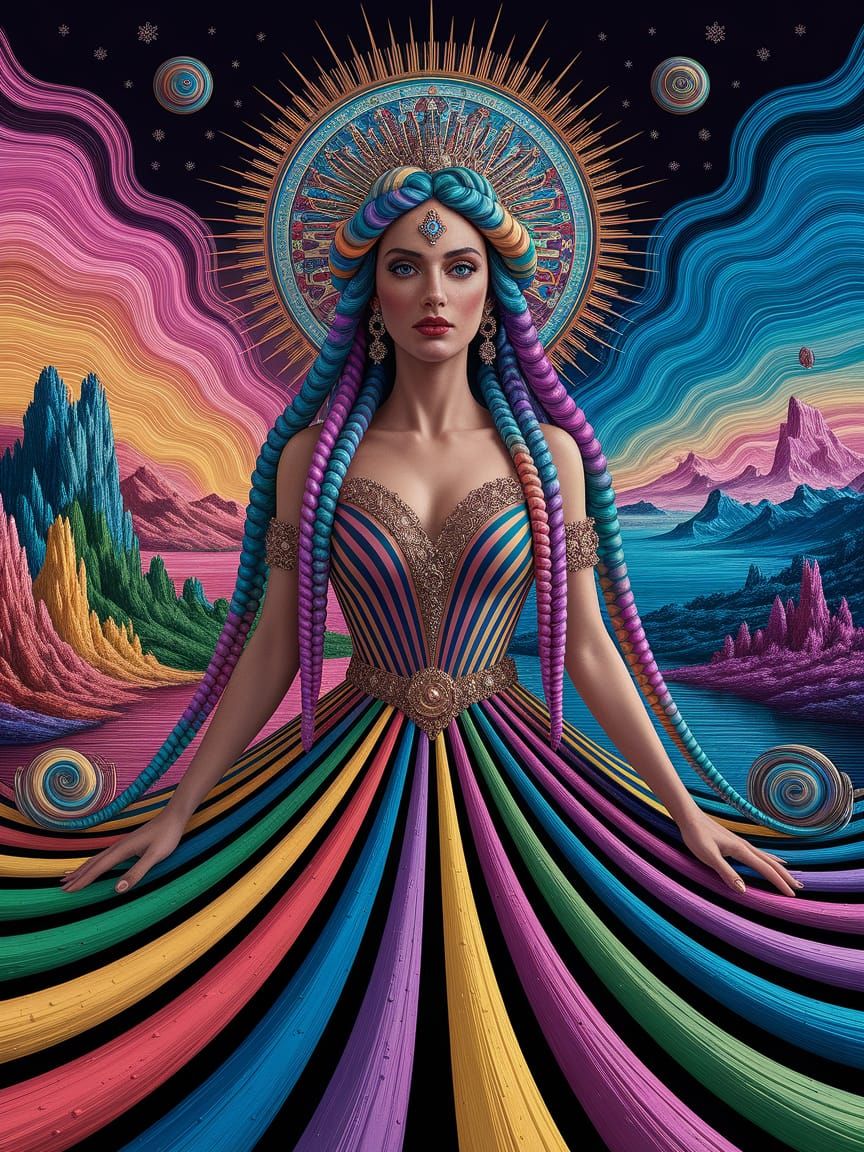 Goddess Woman with Giant Braids in Psychedelic Landscape