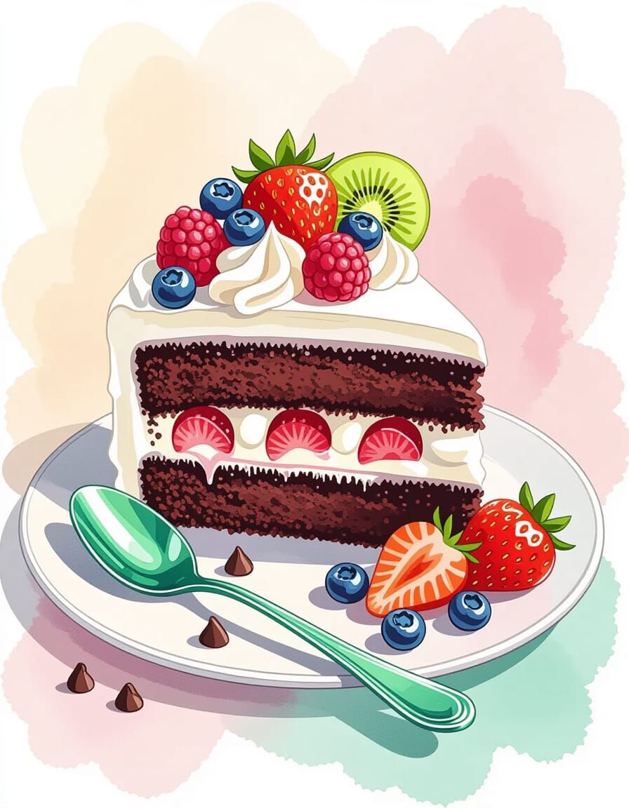 Whimsical Watercolor Cake Slice with Berries and Cream