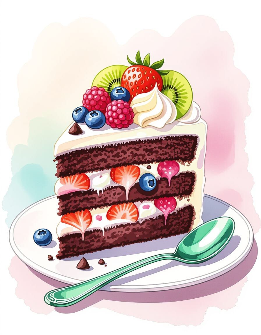 Decadent Chocolate Cake Slice with Berries in Watercolor