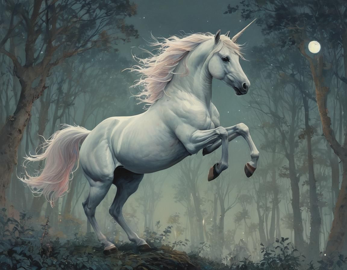 Moonlit Unicorn Galloping Through Mystical Forest