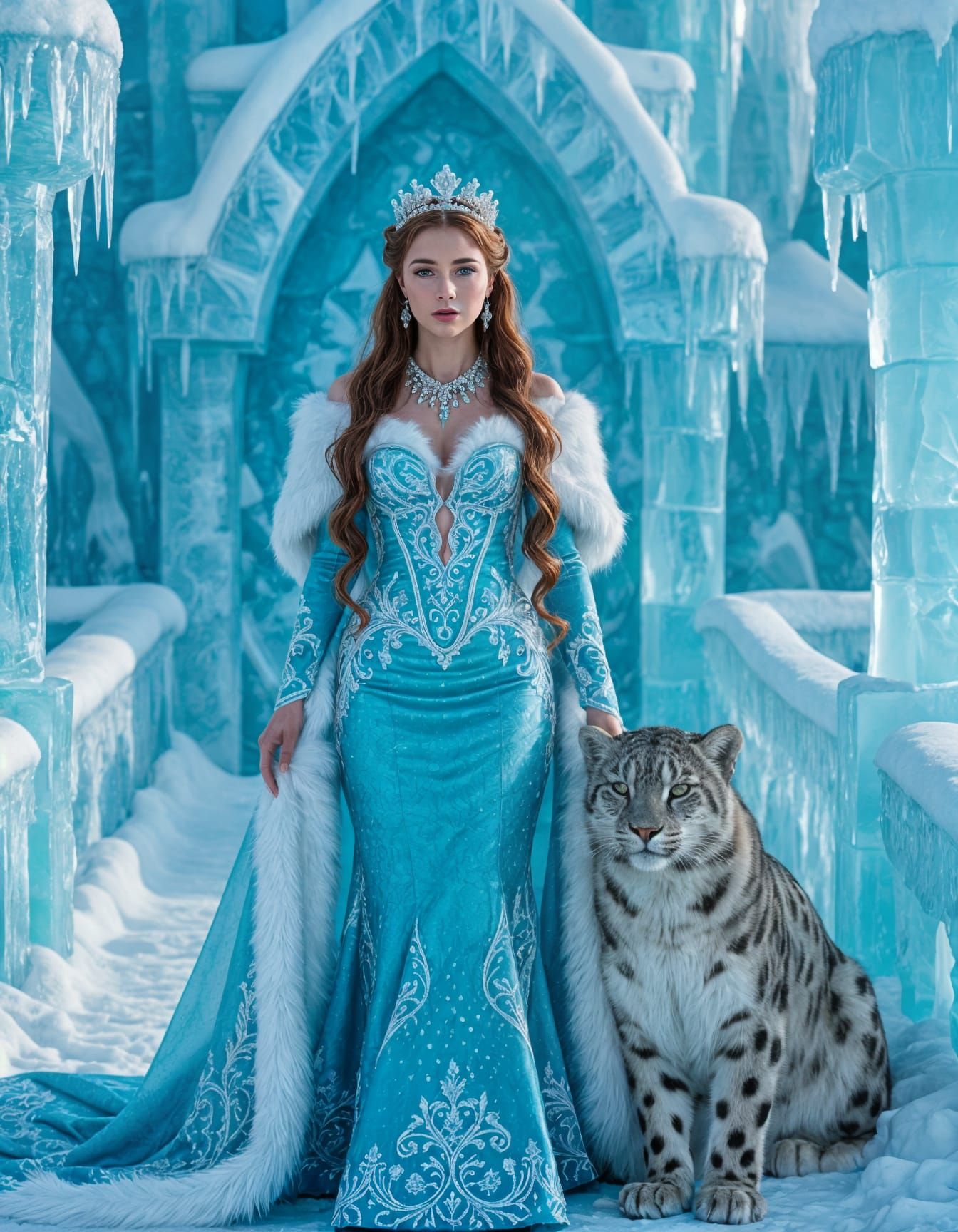 Ice Queen with Snow Leopard in Crystal Castle