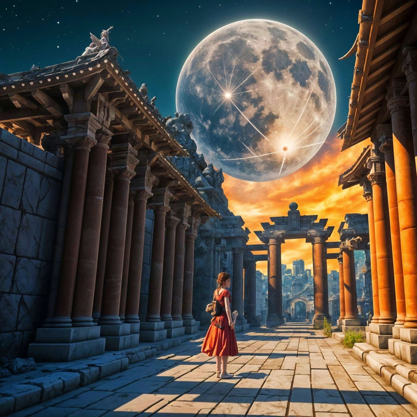 Girl and Red Dragon at Dark Temple: Anime Style