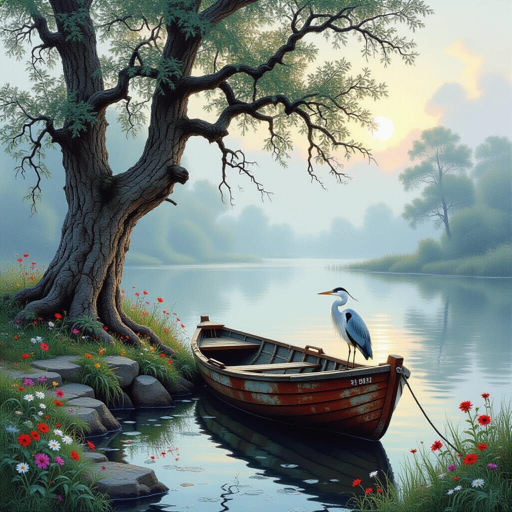 Foggy Landscape With Old Tree, Rusted Boat, Heron, and Wildf...