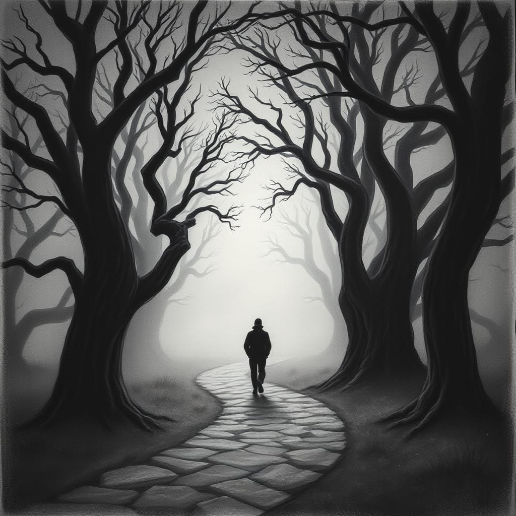 Figure Walks Through Eerie Luminescent Fog as Charcoal Drawi...