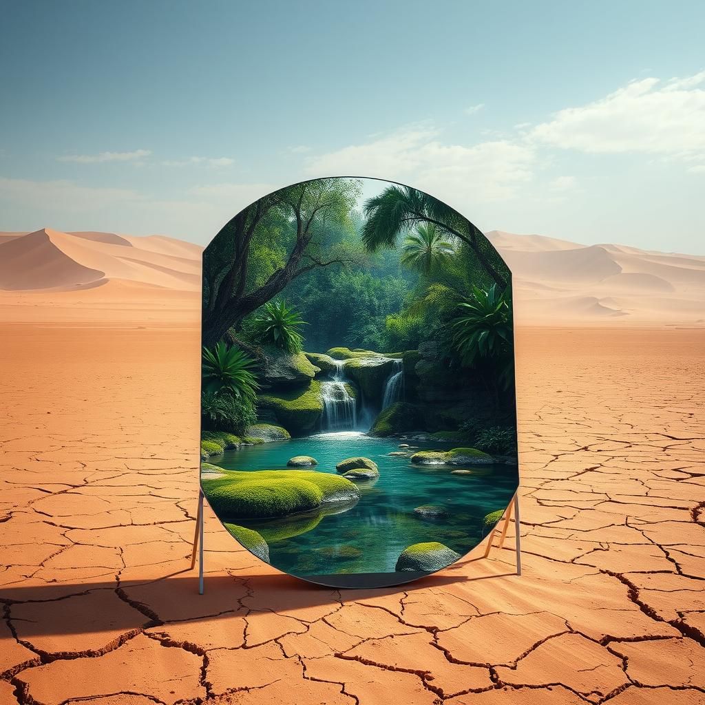 Surreal Desert Mirror Reflects Jungle Waterfall