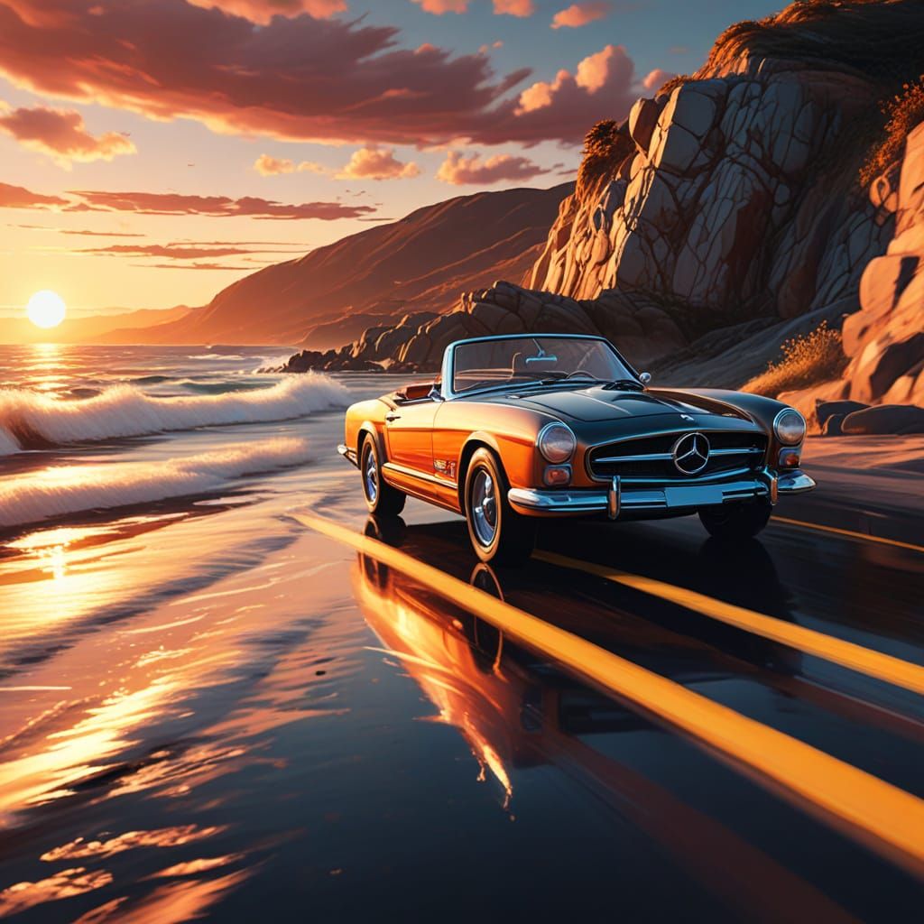 Convertible on Coastal Road in Abstract Expressionism