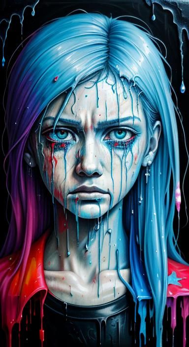 Crying, broken inside, dispare, hopelessness, pain, loss tragedy, broken angel, blood falling like rain, detailed face f...