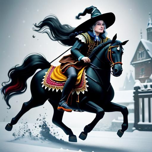 Hairy Witch on Horse in Chocolate Snow, Dali Style