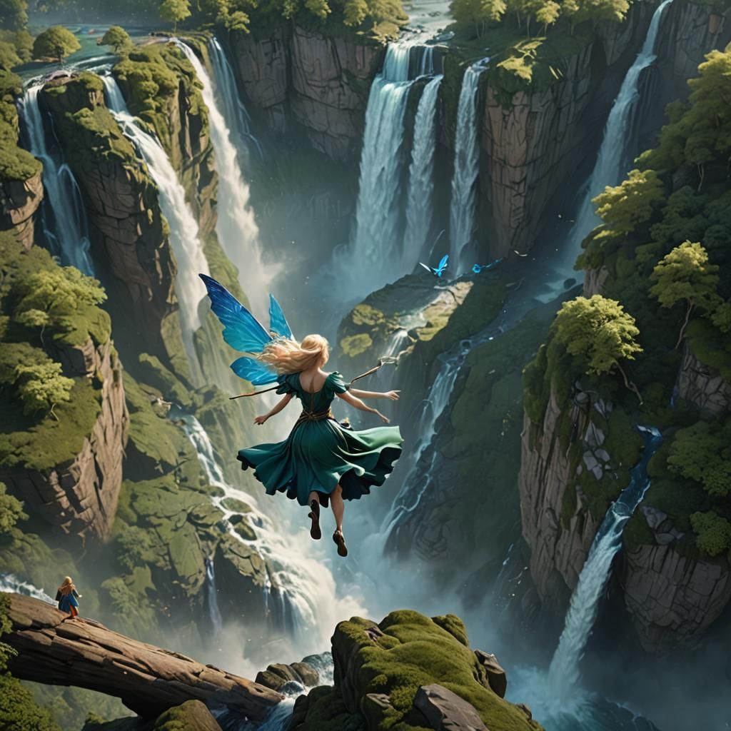 Blue Fairy Protects Girl at Waterfall, Fantasy Art