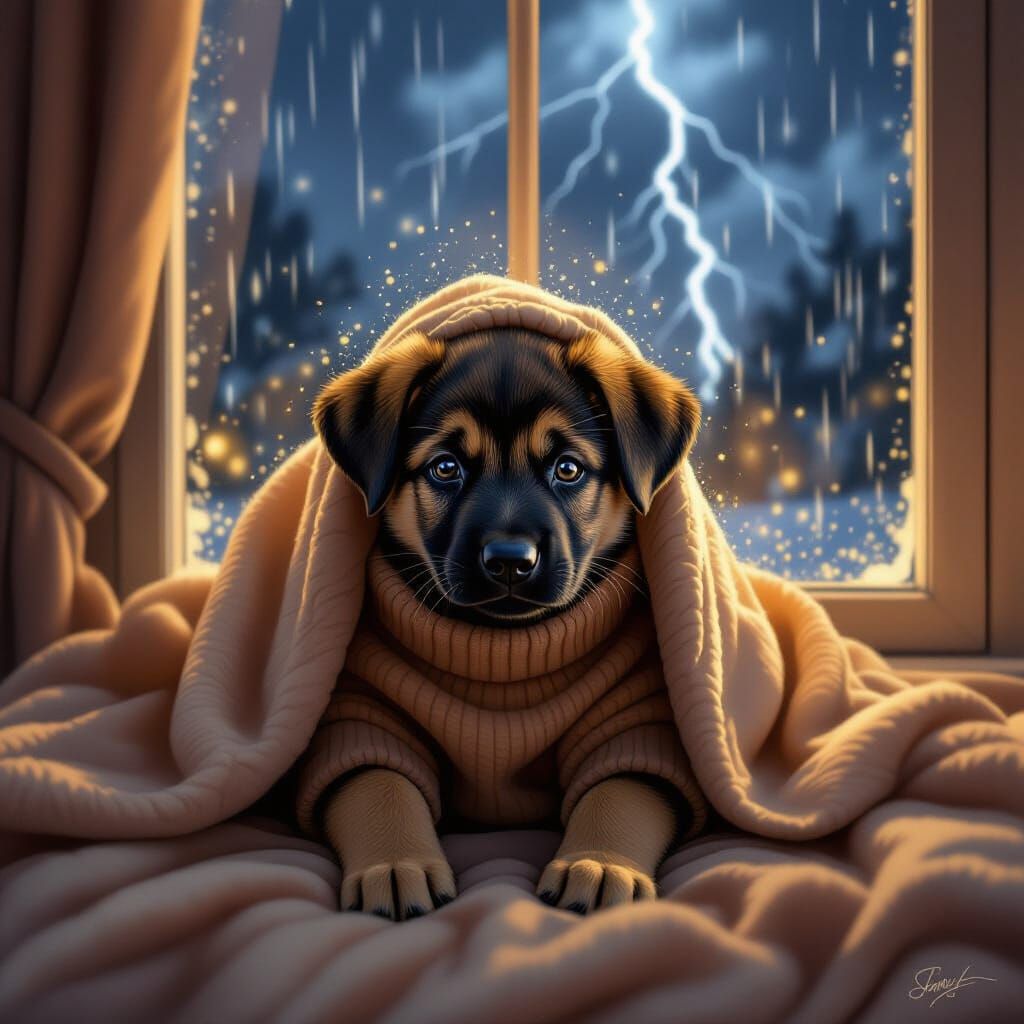 Belgian Malinois Puppy Hiding From Storm, Golden Lighting