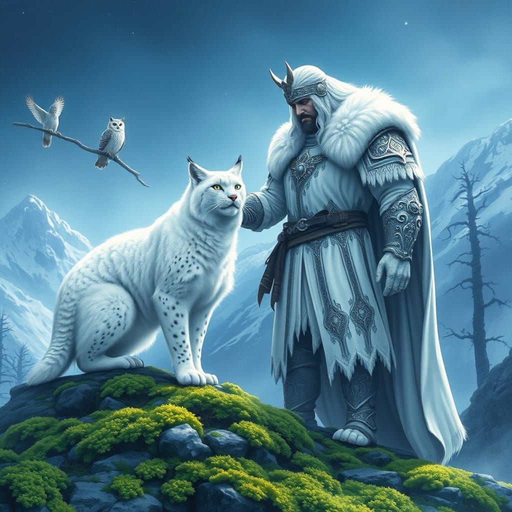 Majestic Scandinavian Warrior in White Holy Suit with Sacred...