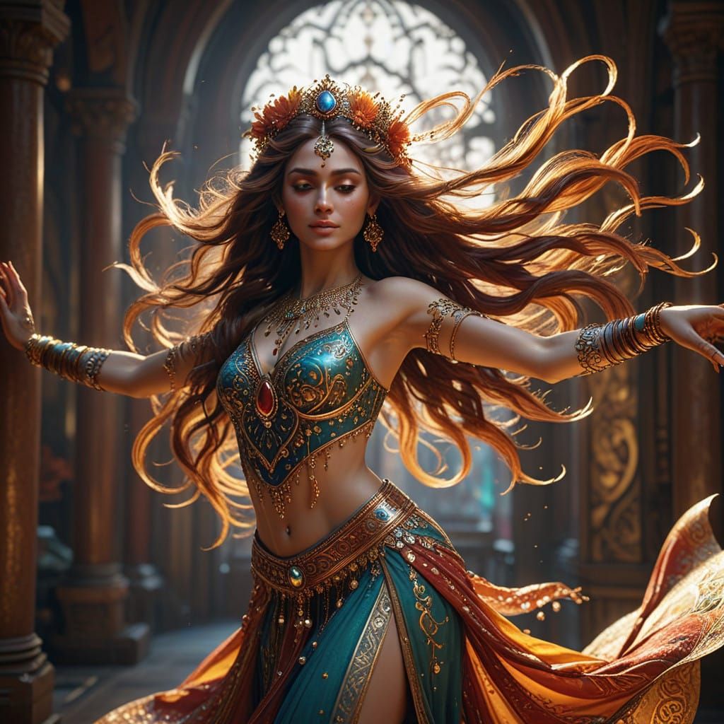 Elegant Dancer in Ornate Costume with Intricate Henna Design...