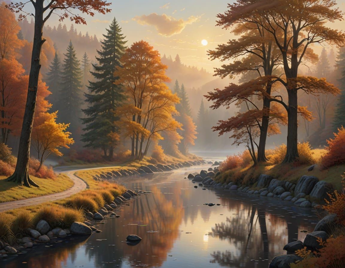 Ethereal Autumn Mist Sunrise Over River Valley