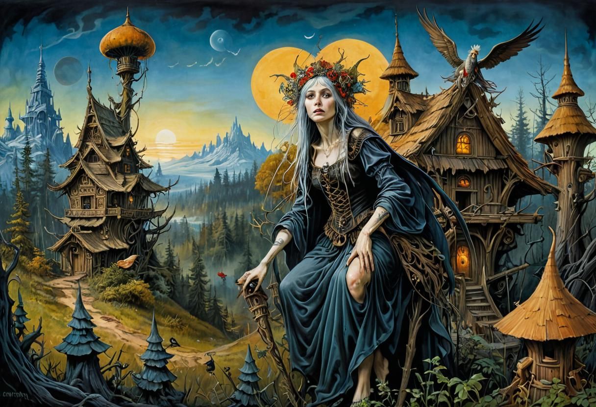 Baba Yaga in Mystical Forest, Art Nouveau Style