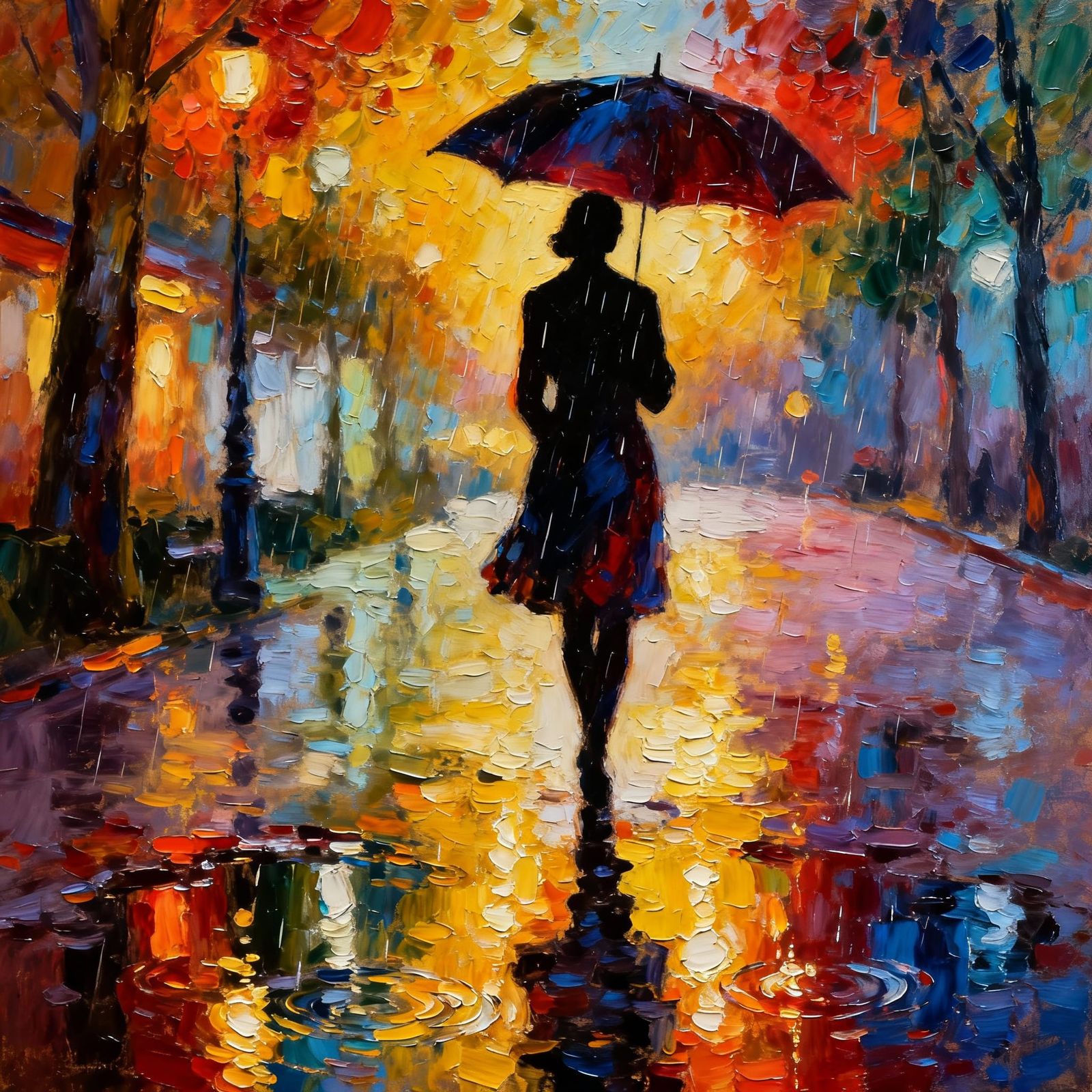 Rainy Cityscape with Light Reflections and Umbrella Silhouet...