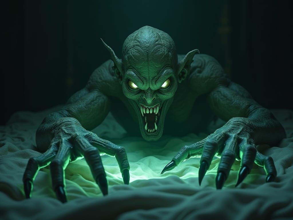 Luminescent Demonic Monster Hiding Under Bed