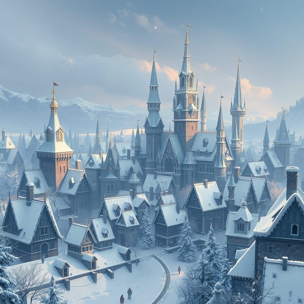 Snowy Fairytale Cityscape in Realistic Style