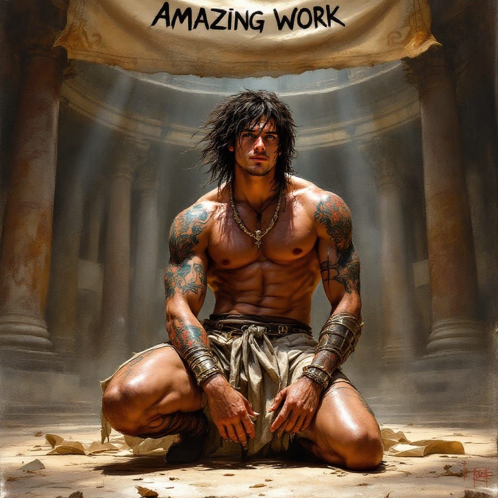 Gay Gladiator Kneeling in Arena, Classical Realism Style