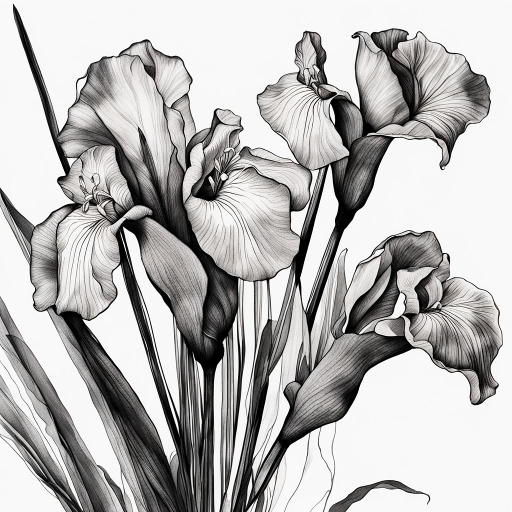Elegant Ink Line Drawing of Iris and Calla Lily Bouquet