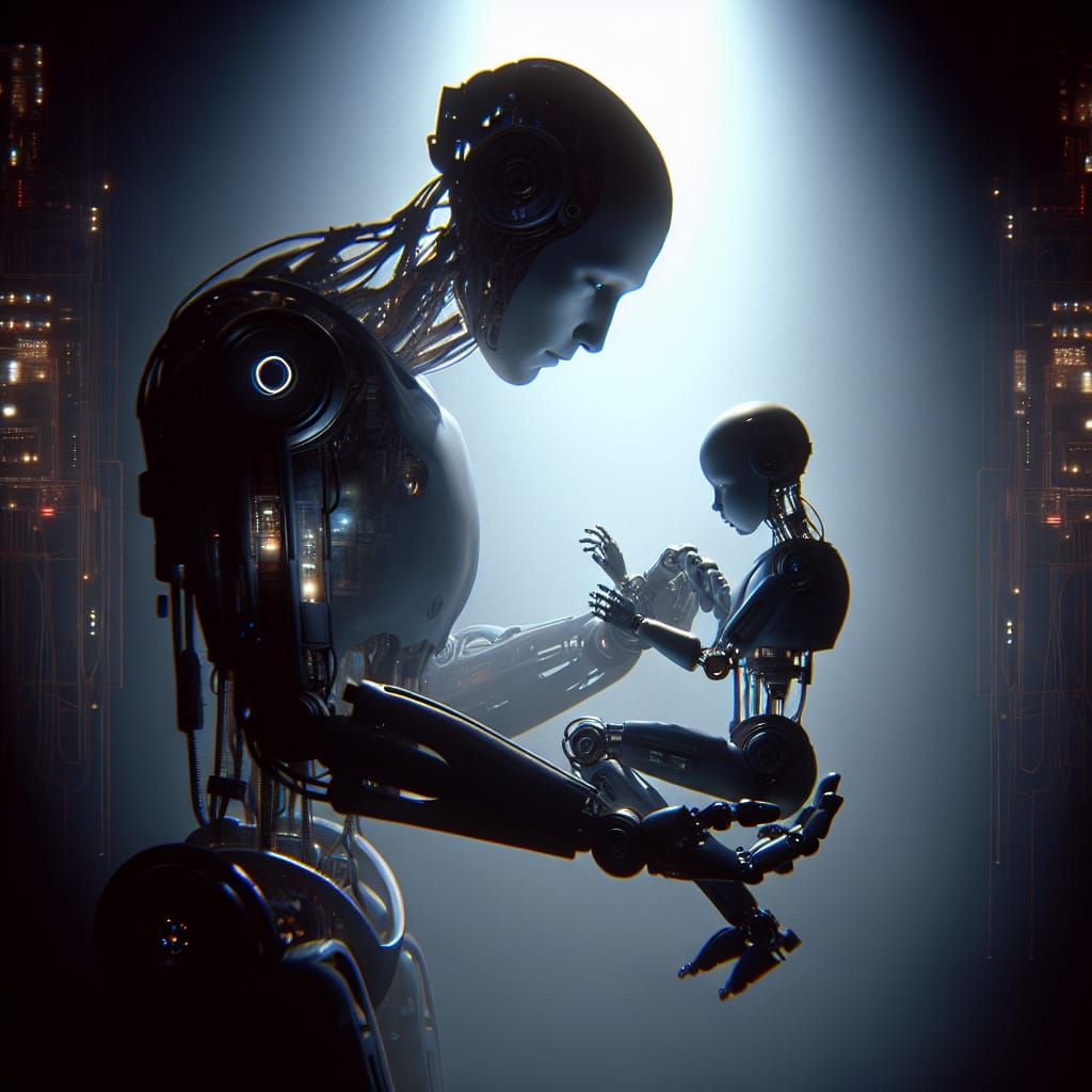 Robot Cradling Android in Technological Protection