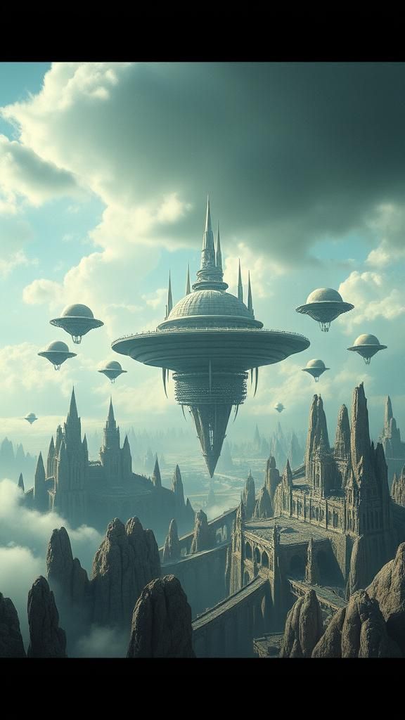 Floating Spheres in Fantasy City: Cinematic Still