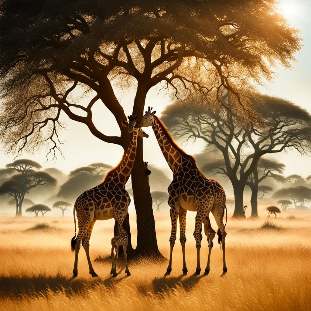 Surreal Giraffe Family in African Savanna at Sunset
