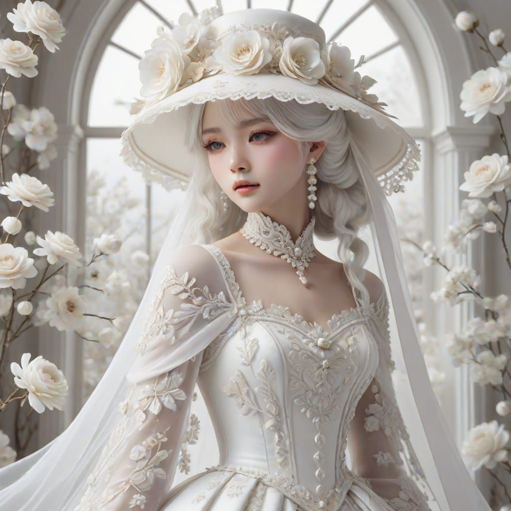 Ethereal Victorian Woman in White: Anime Style Art