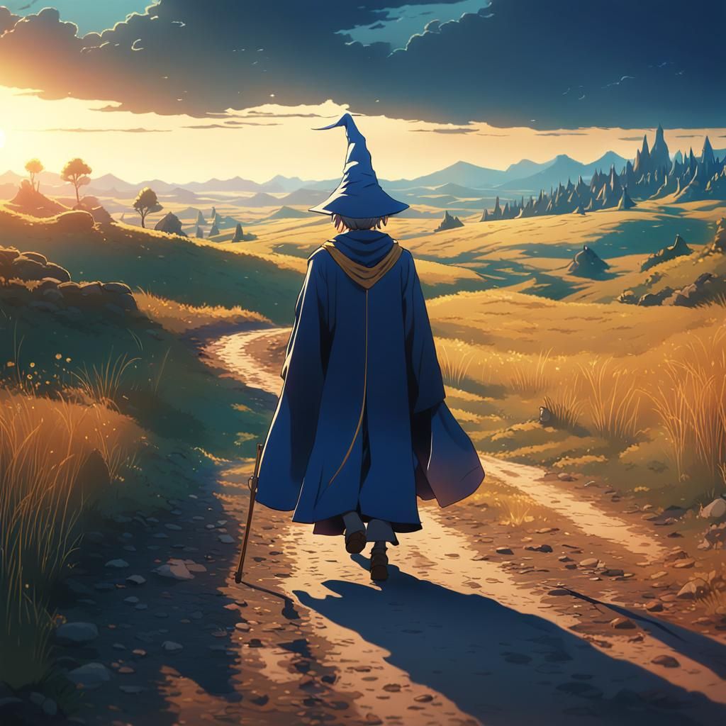 Anime Wizard Journey on Dirt Road in Vibrant Style