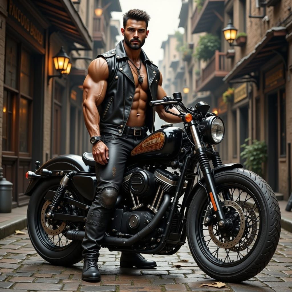 Muscular Man with Retro Motorcycle in Moody Street