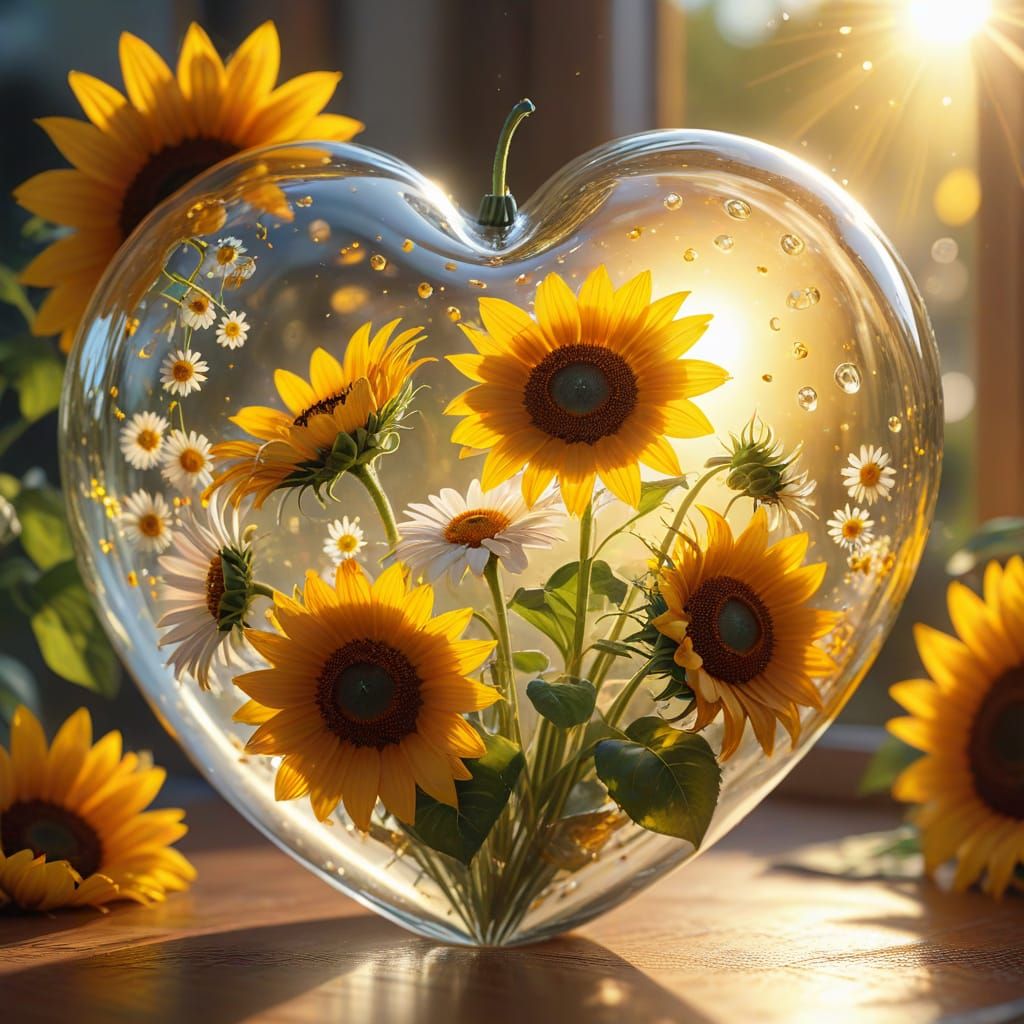Sunflowers and Daisies in Glass Heart, Digital Art