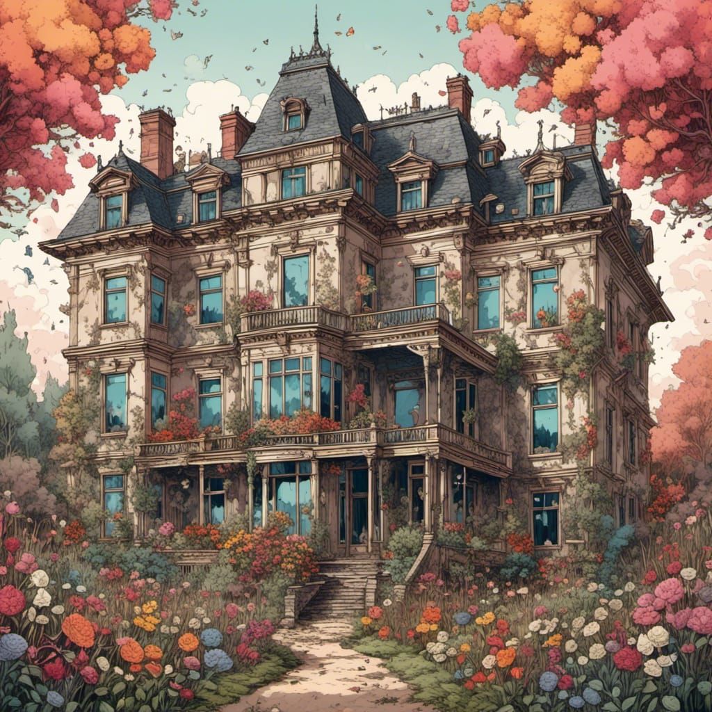An abandoned mansion overtaken by nature
