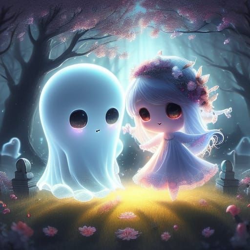 Ethereal Watercolor Ghosts in Graveyard Illustration