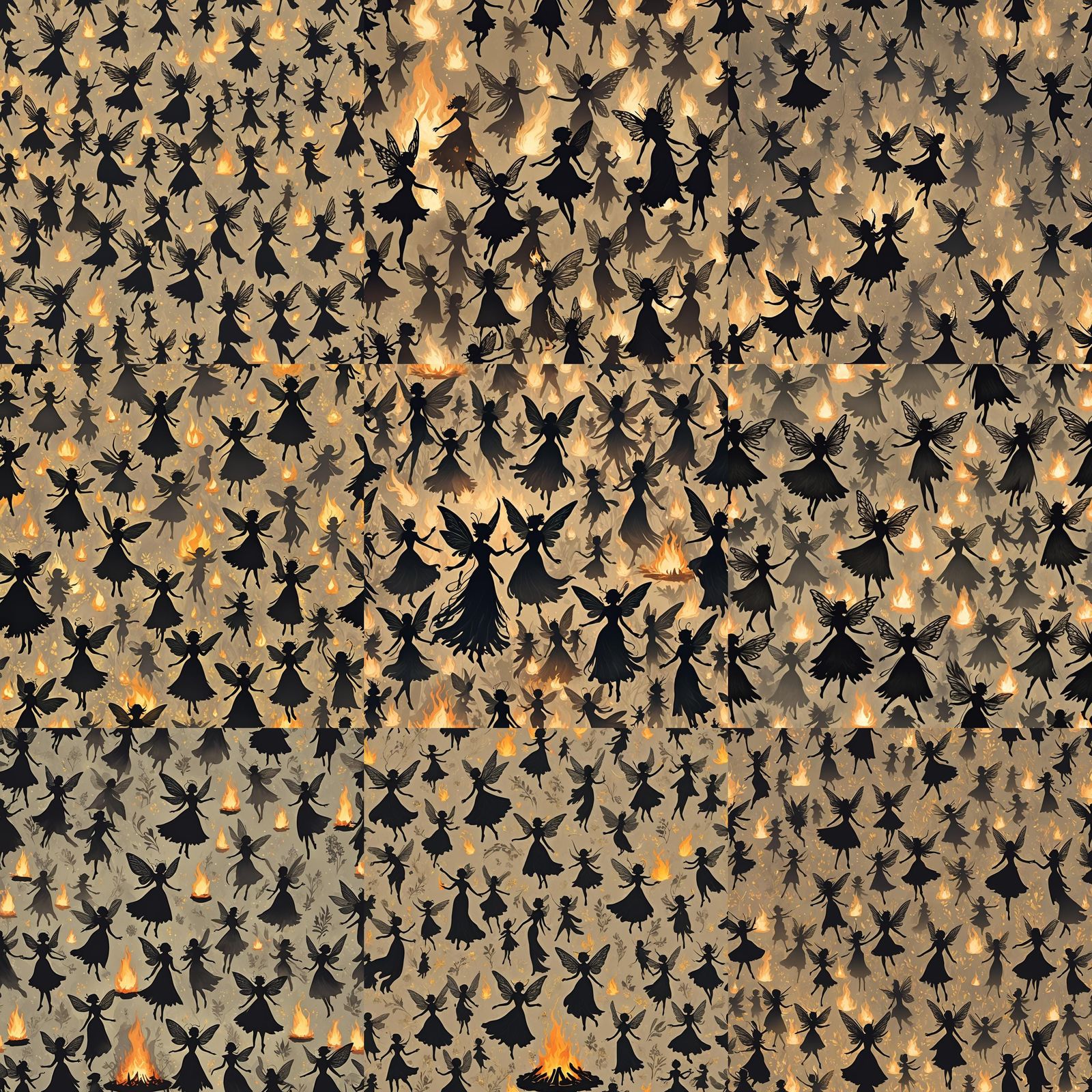 Faerie Silhouettes Dancing Around Bonfire in Forest