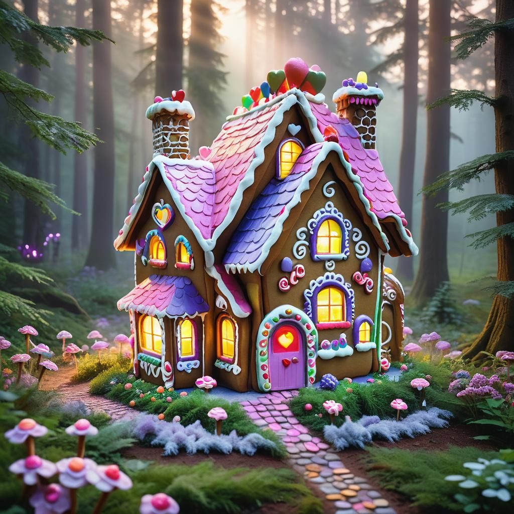 Enchanted Gingerbread House in Misty Forest: Anime Art