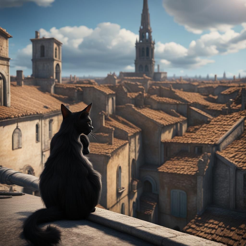 Black Cat Over Arles Roofs: Fantasy Concept Art