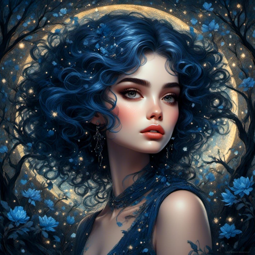 Indigo-Haired Woman in Starry Forest, Digital Illustration