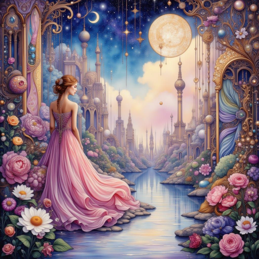 Princess in Whimsical Landscape with Impossible Geometries