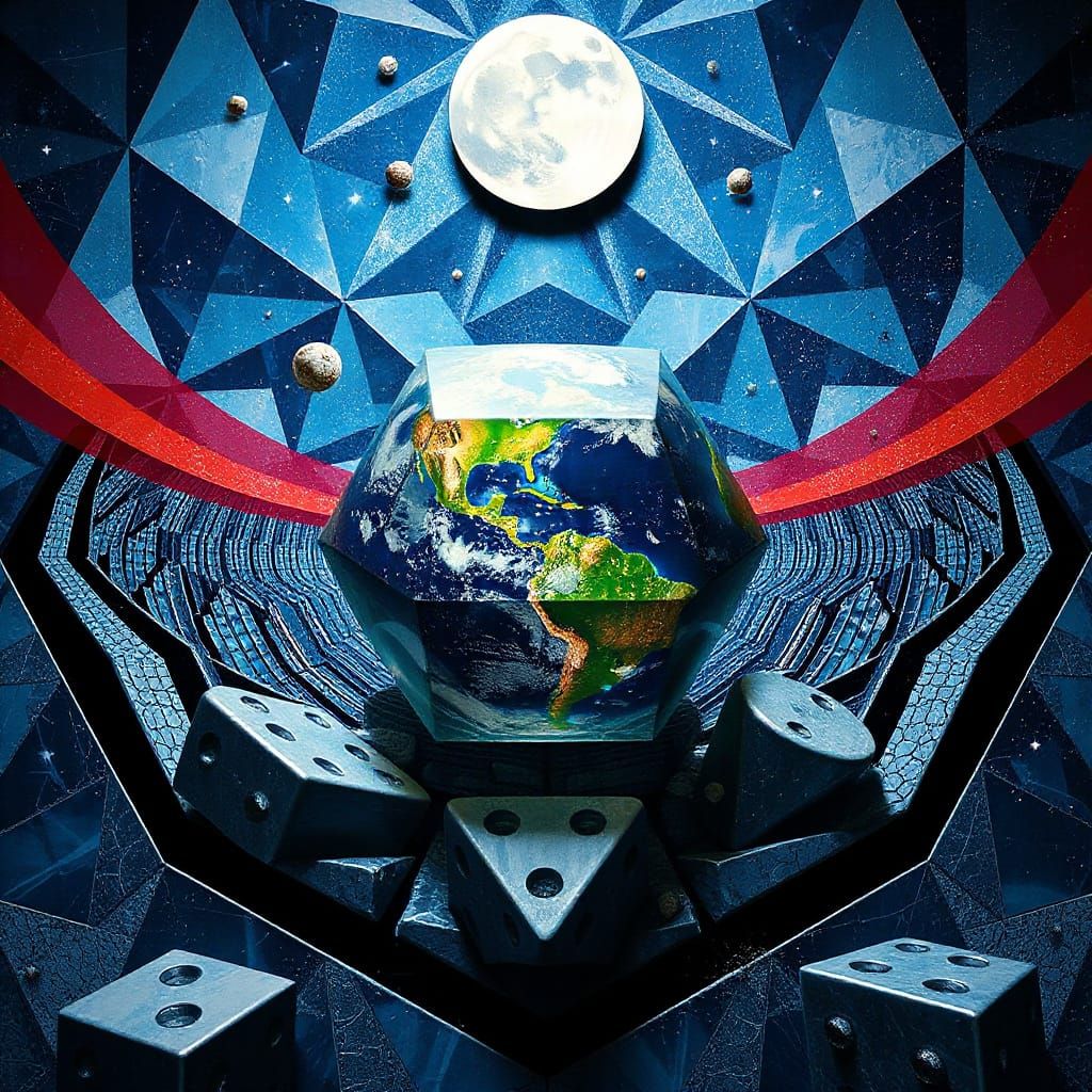 Surreal Geometric Mural of Earth and Moon Dice