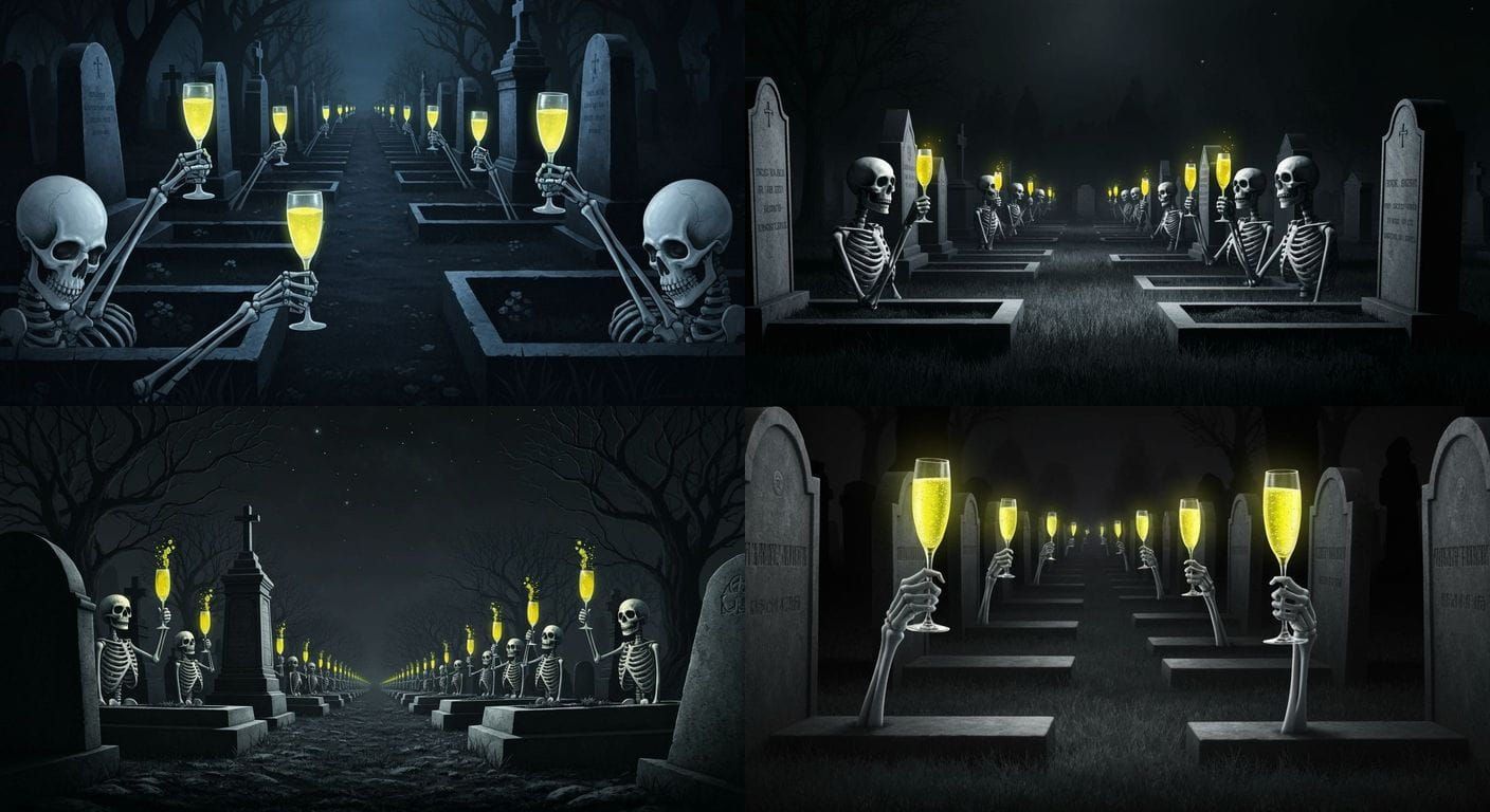 Skeletons Emerge From Graves Holding Champagne Glasses