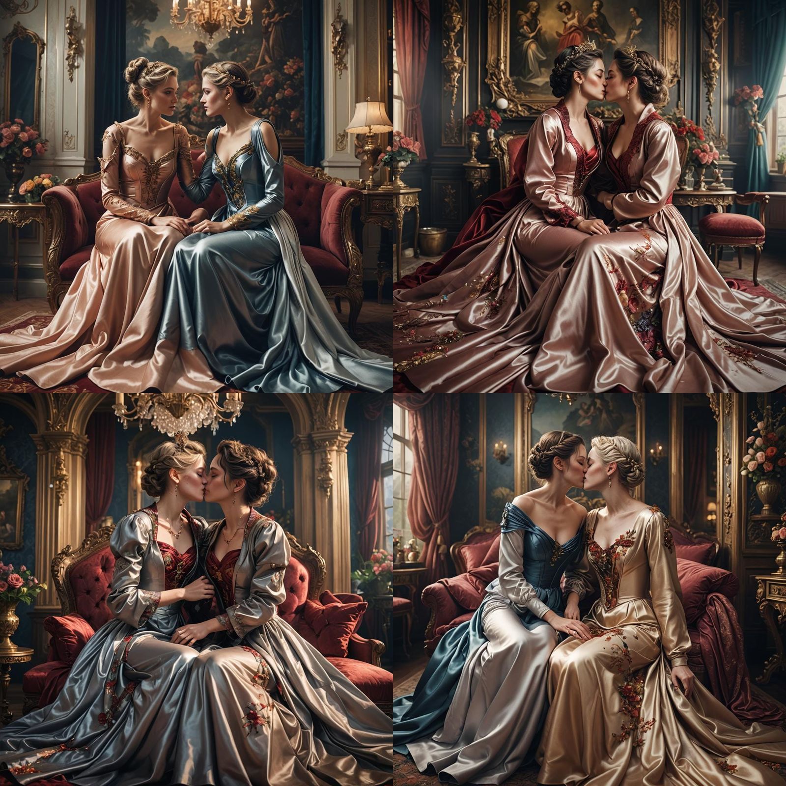 Two Women in Satin Gowns Kissing