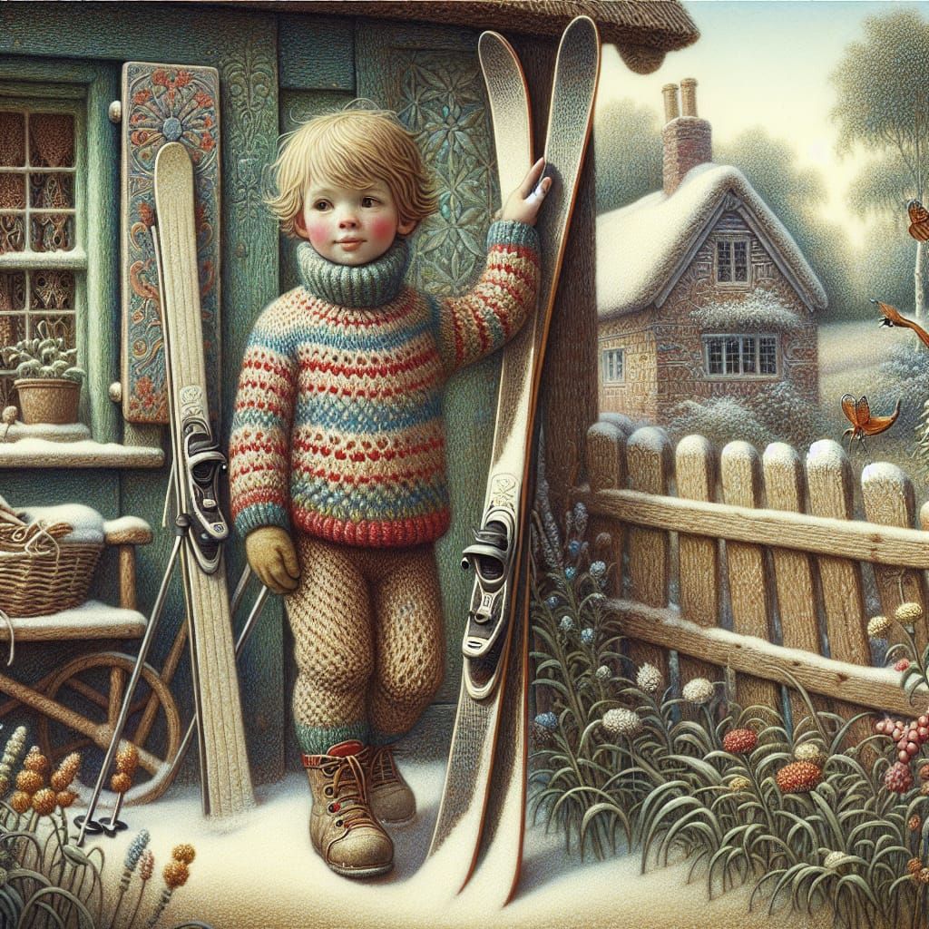 Winter Scene in Whimsical English Folk Art Style