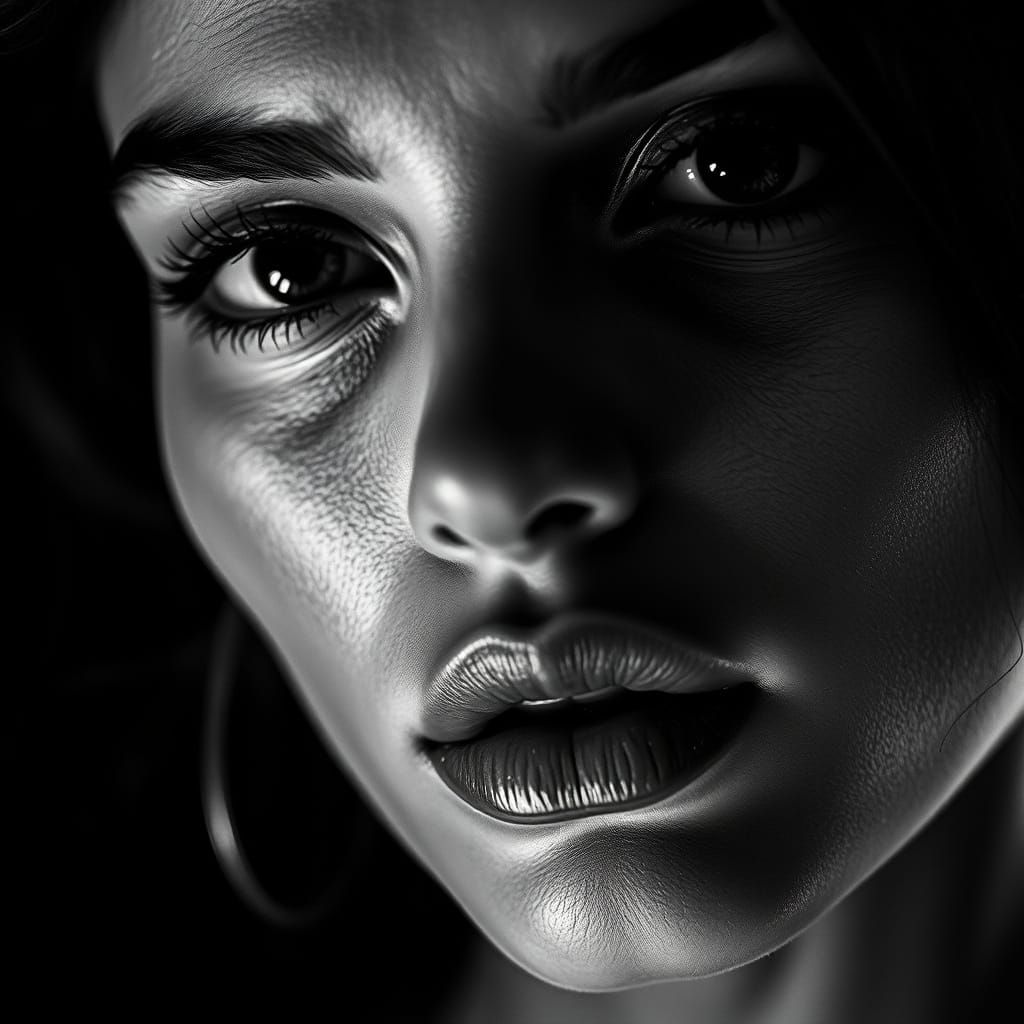 High-Contrast Supermodel Face in Film Noir Style