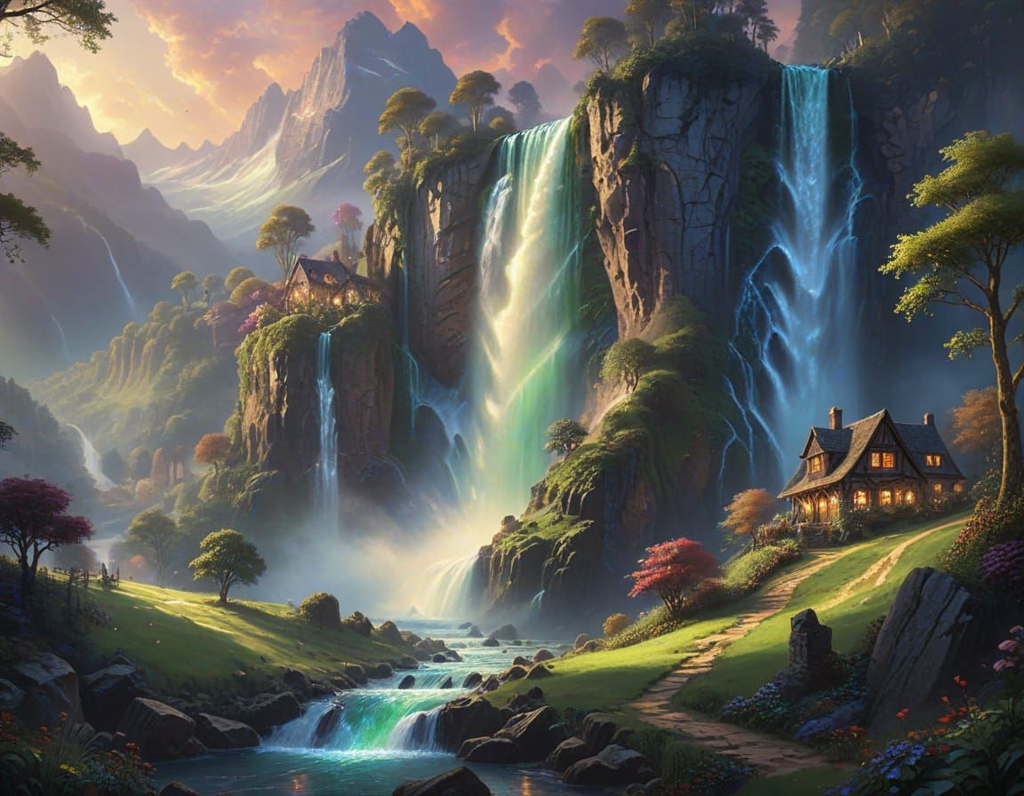 Waterfall Giant's Mouth Engulfs Village: Ethereal Fantasy