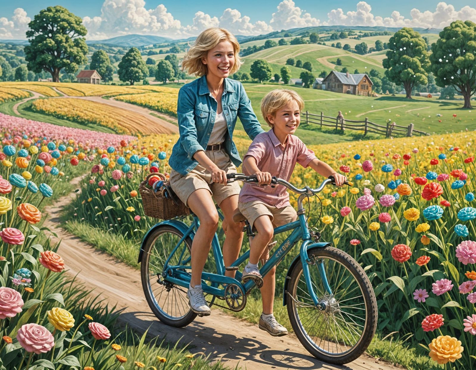 Whimsical Cyclists in a Colorful Candyland Landscape