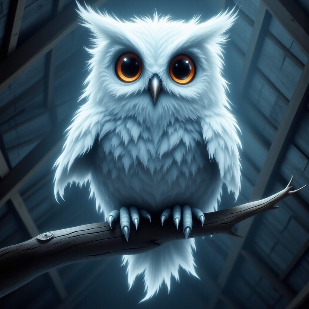 Cute Fluffy Owl Ghost on Branch