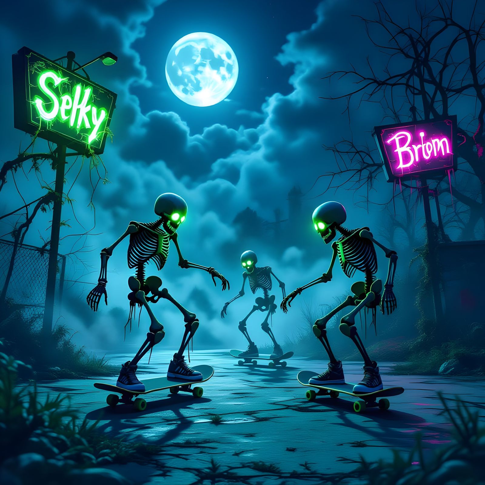 Skeletons Skateboarding in Eerie Moonlit Skatepark